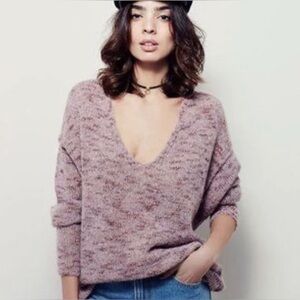 Free‎ People Oversized V-Neck Sweater in Mauve Alpaca Blend NEW